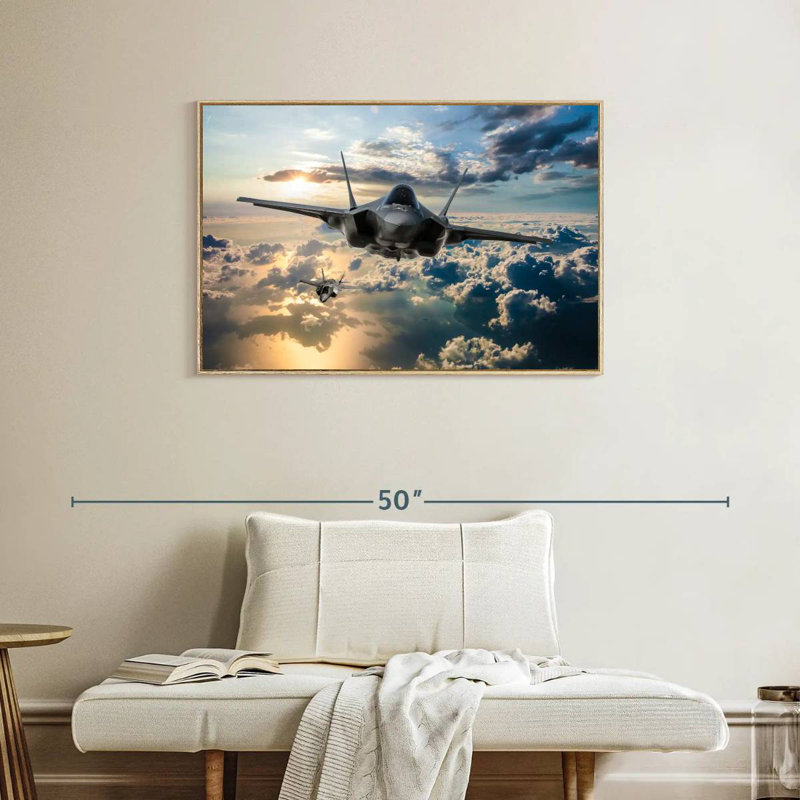 F35 Fighter Jet, Floating Frame Natural Wood, 37" X 25"