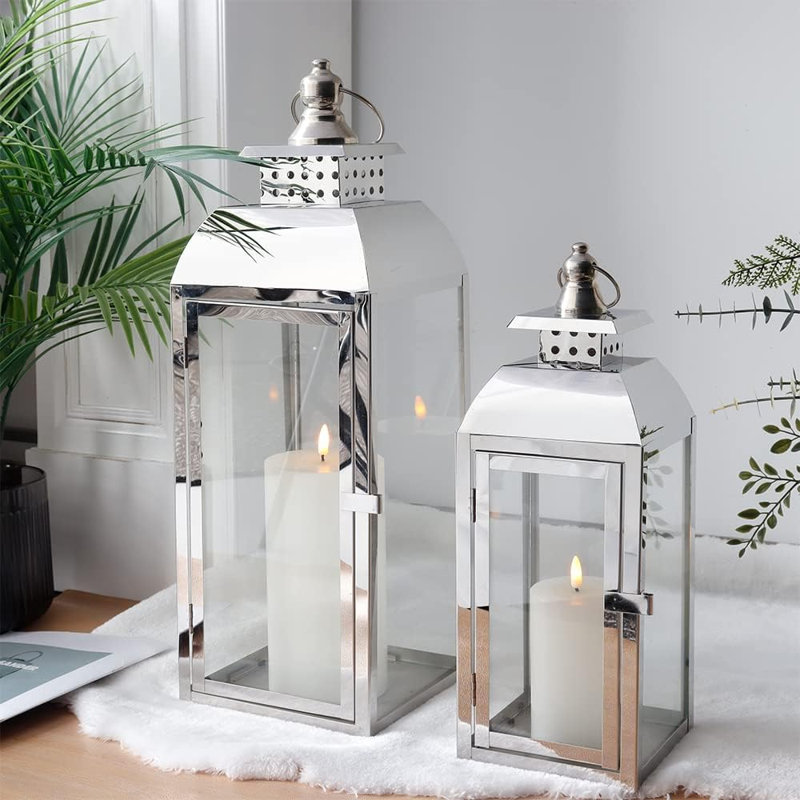 Ensemble de 2 lanternes décoratives en acier inoxydable de 20,5 po et 15 po de hauteur pour bougies en métal