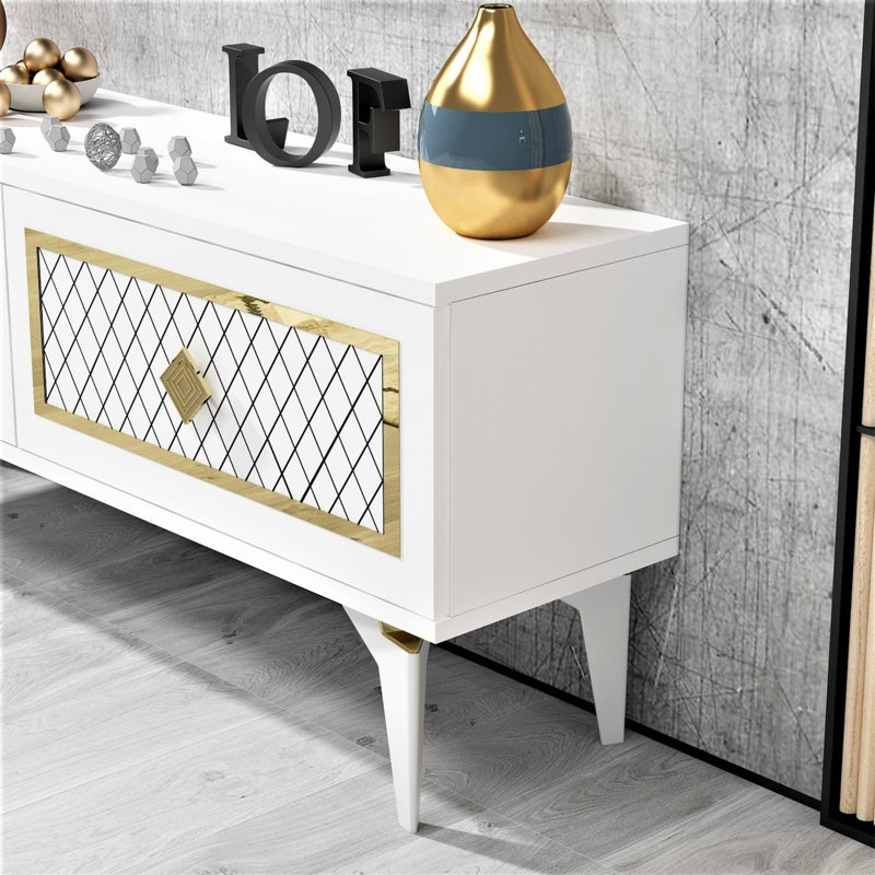Elegant TV Stand, White & Gold, 47.2 x 19.3 x 11.6 inches | 100% Melamine Coated Particle Board, Thickness: 0.7 inches | Modern Design with 19 inch Leg Height, Perfect for Living Room & Entertainment Spaces