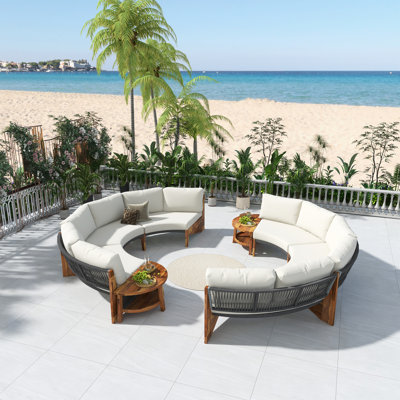 Ensemble de canapé d'extérieur 3 pièces, ensemble de conversation semi-circulaire 6 places avec table basse en bois d'acacia et coussins imperméables, canapé modulaire résistant aux intempéries pour le jardin, la piscine et la piscine, beige