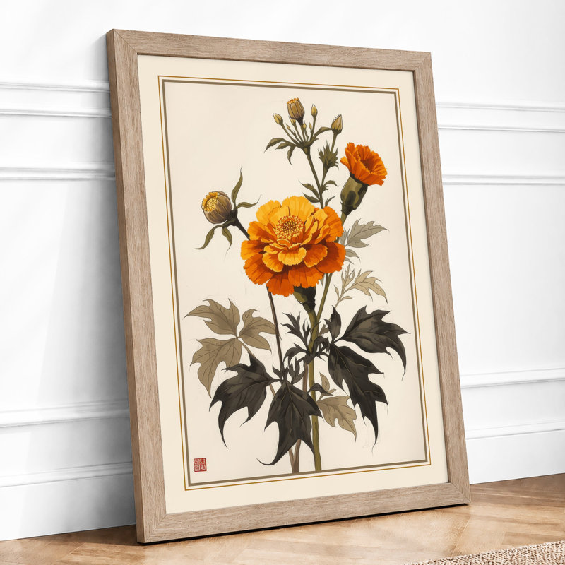Golden Bloom Study Botanical - Framed Print, A4 - 29.7 x 21.0 cm, Oak
