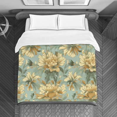 Housse de couette florale en microfibre or / turquoise