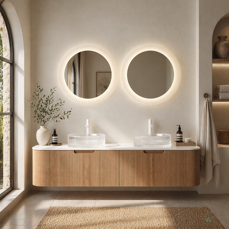Meuble-lavabo mural 60 po avec lavabo, lavabo à fixation murale à bords arrondis flottants avec 2 tiroirs, 2 lavabos et comptoir en verre transparent pré-assemblés