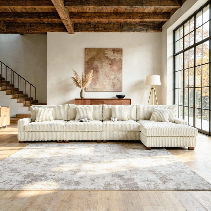 4 - Piece Upholstered White Faux Rabbit Fur Flannel Modular Sectional Sofa with Armrests & Throw Pillows, White Faux Fur