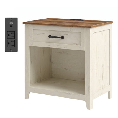 24"W Farmhouse Nightstand with Charging Station, End Table with 1 Drawer
