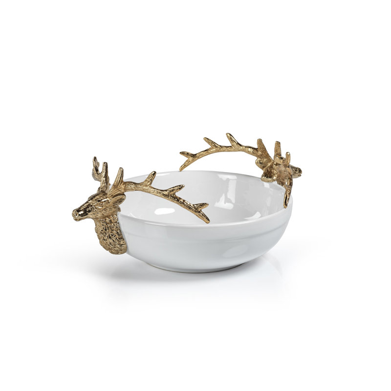 Bol décoratif en céramique Gusella en blanc / or, H 5,5 po x l 15 po x P 10 po