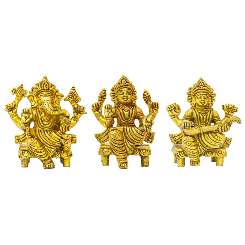 Handmade Brass Ganesha Lakshmi Saraswati Statue Set - 3 Inch Trio Idols for Spiritual Home Decor, Altars, and Prosperity Wellness Spaces