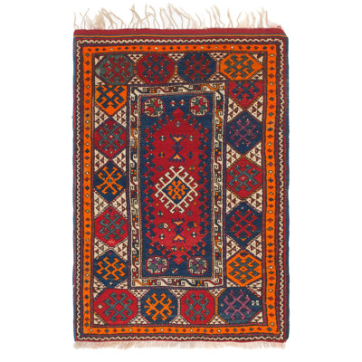 Tapis en laine bleu marine/rouge/orange 4 pi x 6 pi noué la à la main one-of-kind Diana