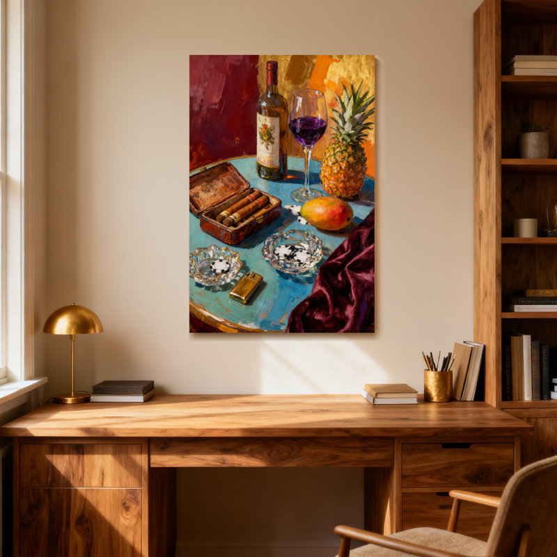 Mode nature morte avec vin et fruits, H 12 po x l 18 po