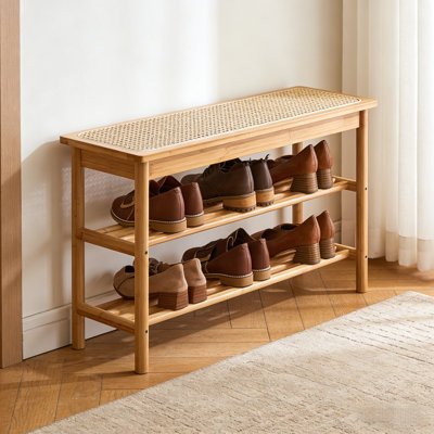 Bamboo Shoe Rack Bench, 3-Tier Shoe Storage Organizer With Breathable Rattan Seat Cushion, Entryway Shoe Storage