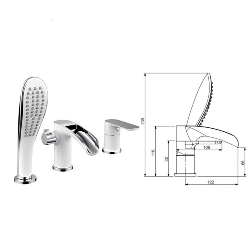 Robinet de baignoire à fixation au comptoir Juno - blanc et chrome - Bec cascade avec douchette à main
