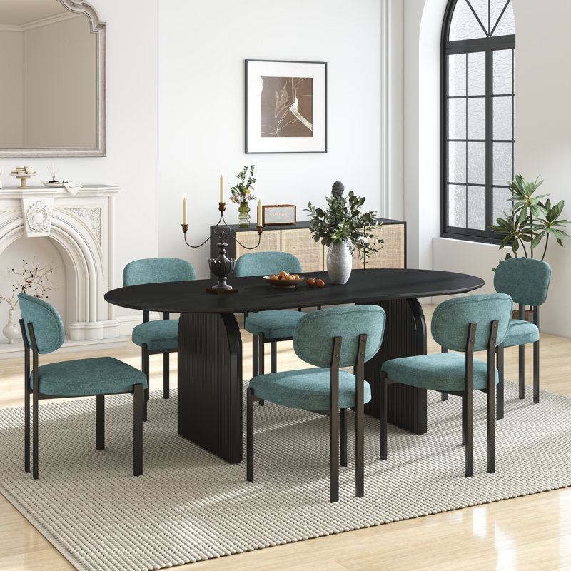Oval  Double Pedestal Dining Table Sets, 7 Pieces: Table, 6 Chairs, Black, Teal