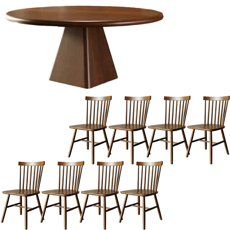 European style solid wood round table set, 29.5"H x 62.9"L x 62.9"W