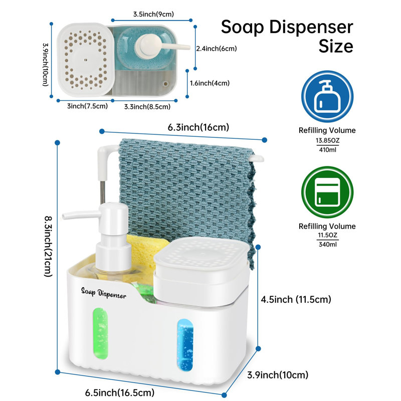 Distributeur de savon et lotion 4 en 1, accessoires pour évier de cuisine avec serviette et éponge épaisse en pâte de bois, distributeur de savon pour les mains et vaisselle à double pompe pour comptoir