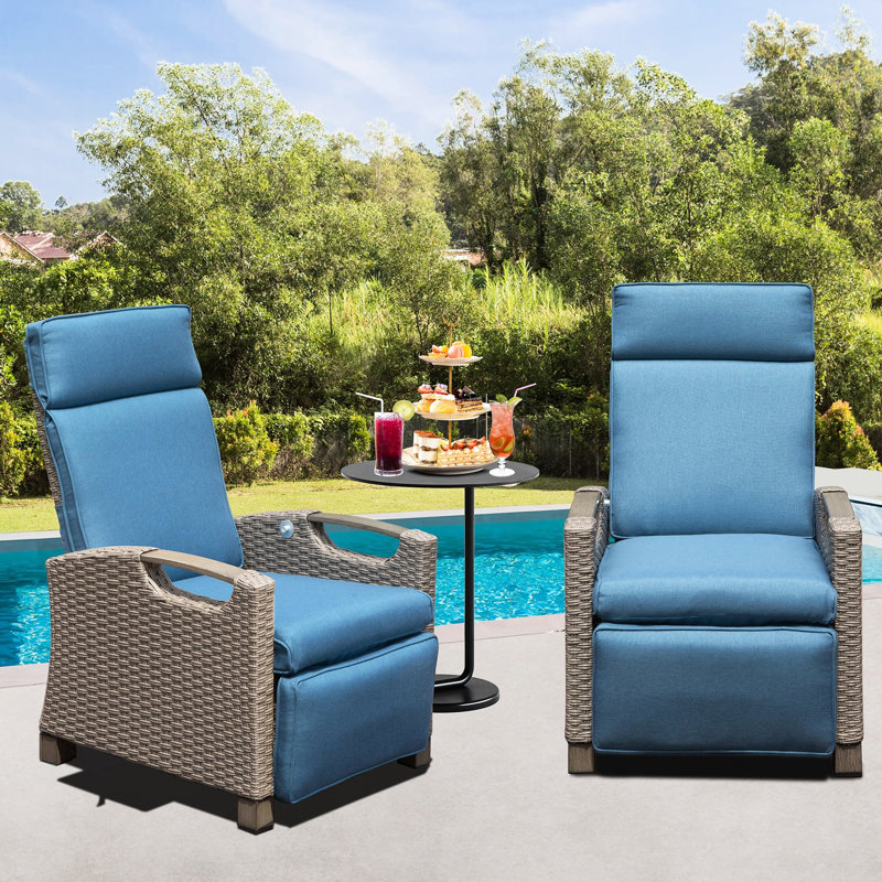 Reclining Lounge Chair For Outdoor Enjoyment - Hand-Woven, Navy Blue Comfortable Recliner Flip Table, Thick Cushions, Relax