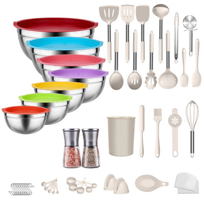 32-Piece Stainless Steel Cooking Utensil Set with 7-Piece Mixing Bowl Set with Lids(The cover color is random)