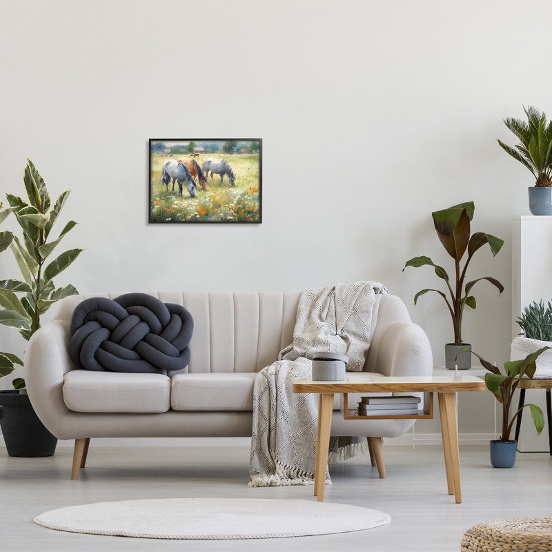 Grazing Horses Pasture Scene Black Framed Canvas Print, 21 x 17