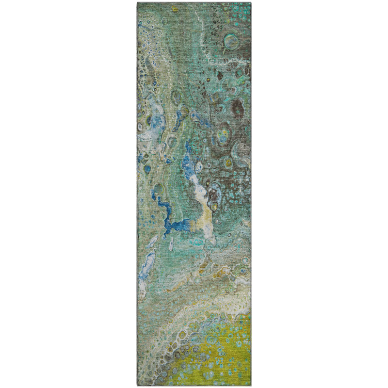 Premium Machine Washable Cerrito AMF588 Teal Rug, Runner 2'3" x 7'6"