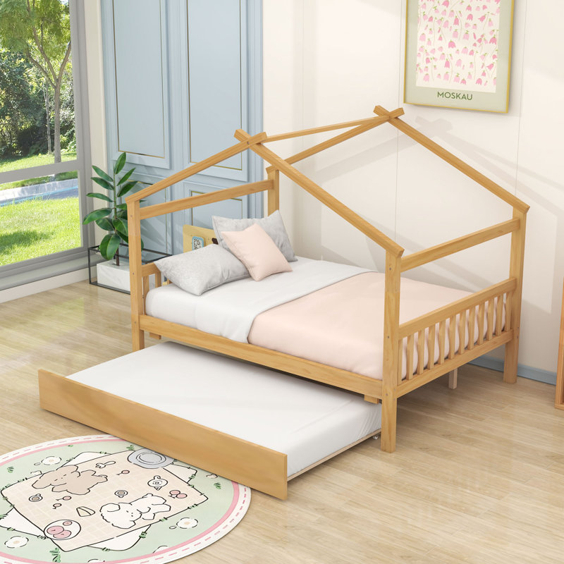 Wood House Bed With Pull-Out Twin Trundle, Natural, Full