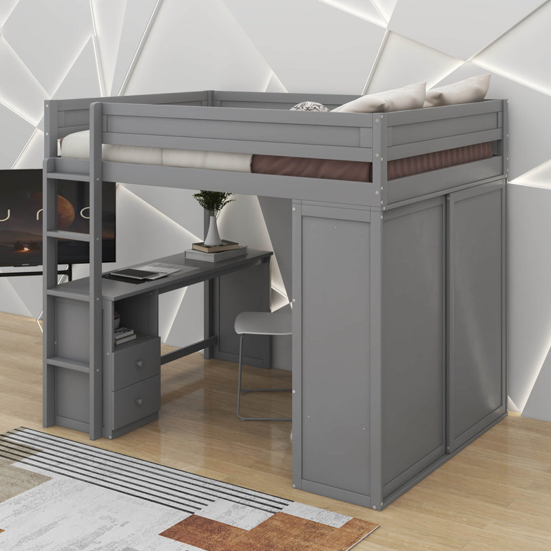 Lit mezzanine double avec placards et bureau, Gris, Lit double