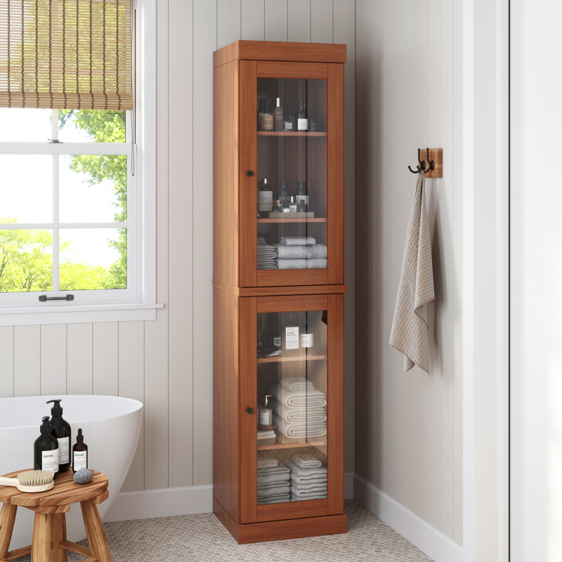 100% Solid Wood 16.5" Bathroom Cabinet with Clear Glass Doors and Adjustable Shelves, Mocha