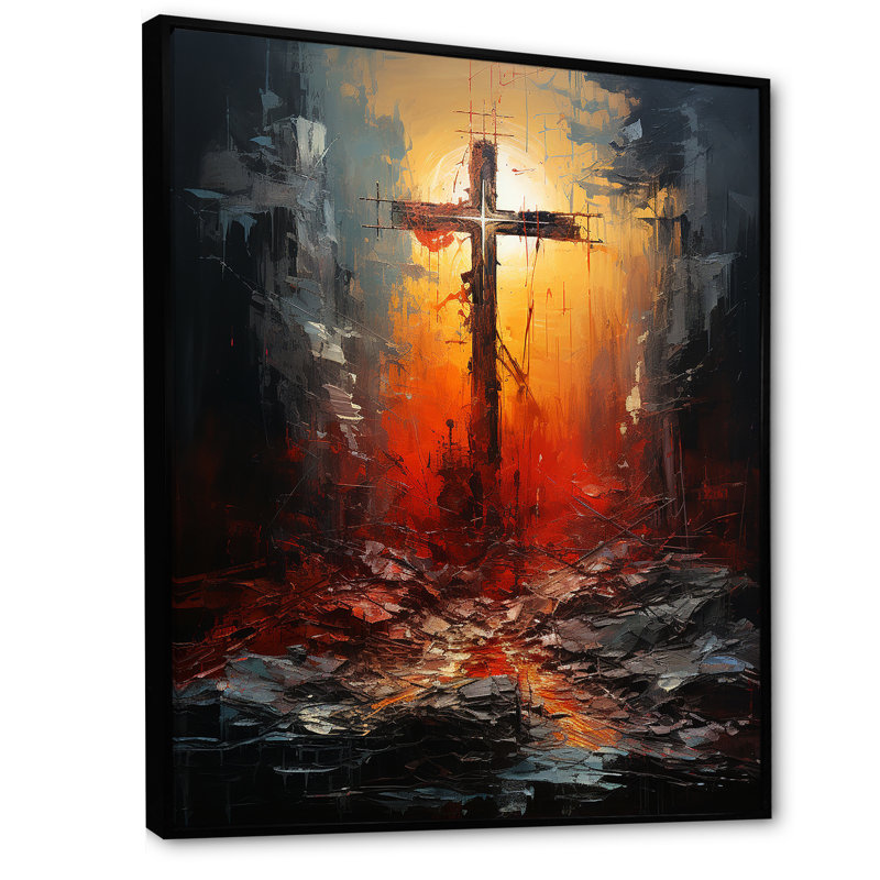 «Cross At Calvary», impression rouge sur toile - Christianisme, Cadre flottant noir, H 32 po x l 24 po x P 1 po