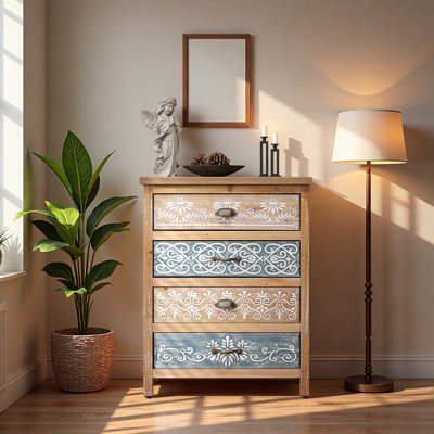 Vintage 4-Drawer Chest With Distressed Wood & Ornate Pattern Design, Rustic Storage Dresser For Bedroom/Living Room