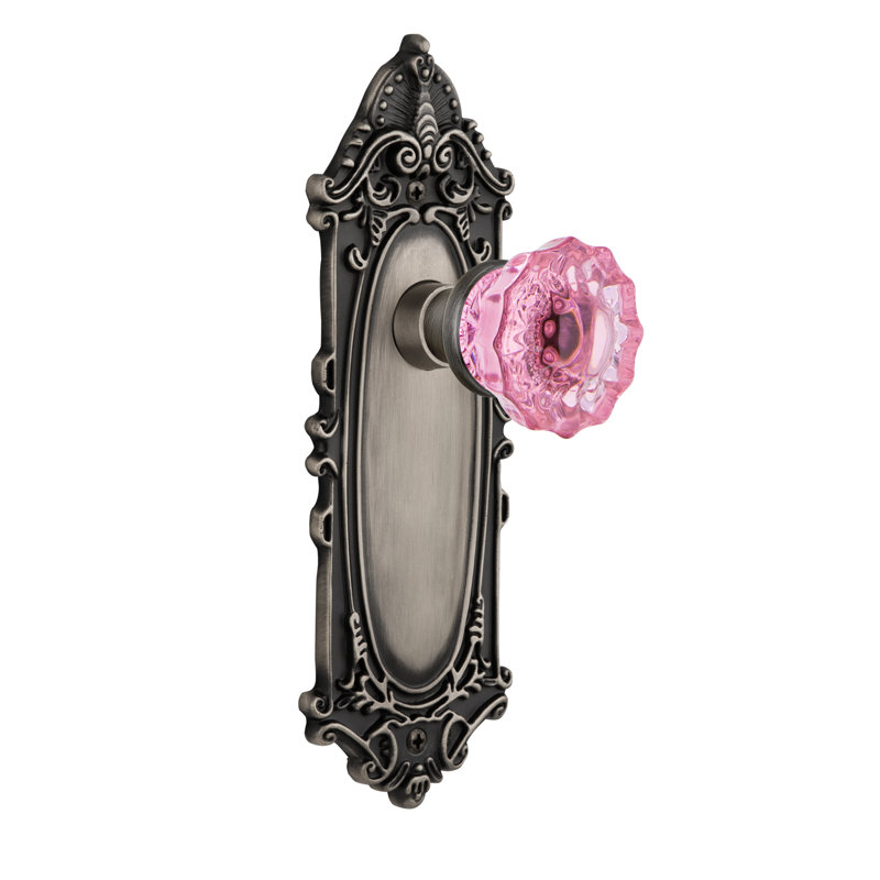 Plaque victorienne avec bouton de porte rose cristal, Étain antique
