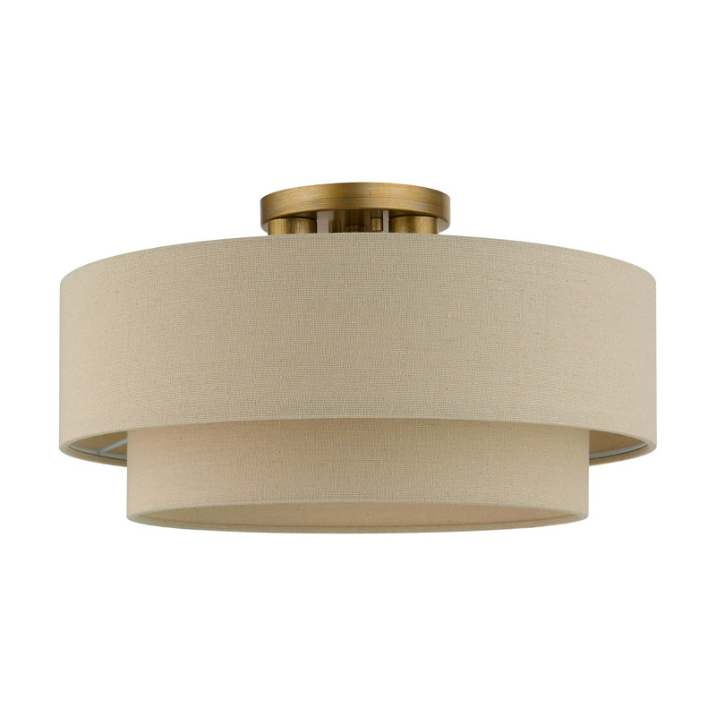 Bhagipuri Linen Blend Semi Flush Mount, Antique Gold Leaf, Cream, 9.75" H x 18" W x 18" D