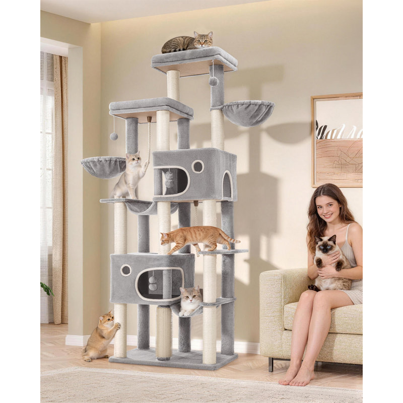 Large Cat Tree, 213 cm Tall Cat Tower for Indoor Cats Large Cats Maine Coon, Extra Large Baseboard, 2 Platforms, 2 Spacious Caves, 10 Sisal Scratching Posts, 2 Hammocks 