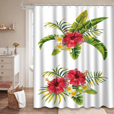 Rideau de douche imperméable à motif de feuilles de bananier et de hibiscus tropical avec 12 crochets