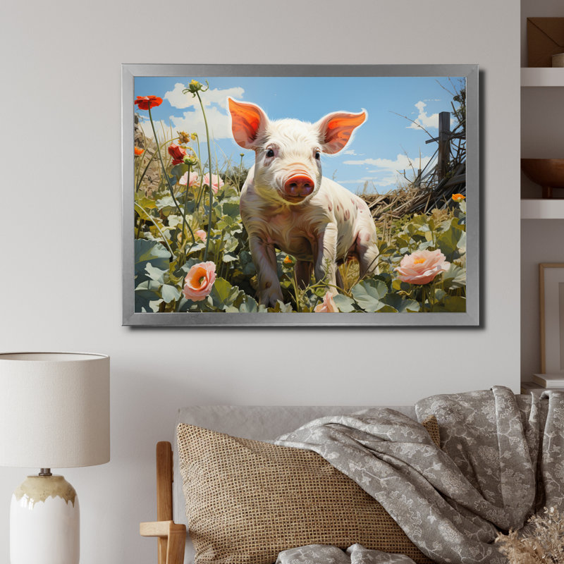 «Cute Pig jouant dans des fleurs I», reproduction d'art sur toile, H 12 po x l 20 po x P 1 po, Cadre simple argenté