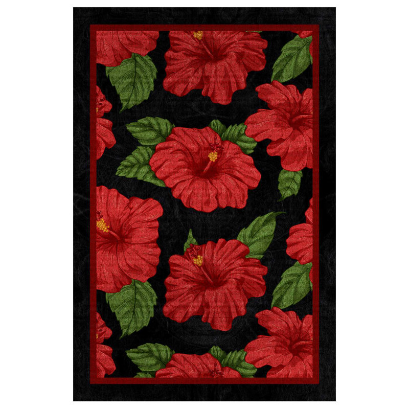 Minas Collection Digital Print Cotton-Polyester Green Red Black Floral Rug, Rectangle 3'4" x 5'