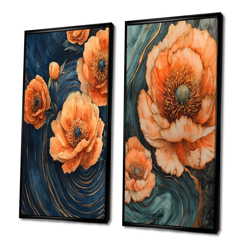Pivoines oranges sur pierre géode sauvage - Collection d'art mural floral 2 panneaux, H 32 po x l 33 po, Cadre flottant noir