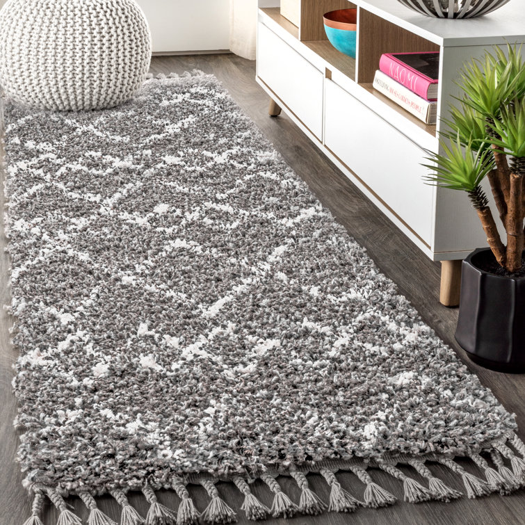 Cantera Shag Plush Tassel Moroccan Tribal Geometric Trellis Gray/Ivory Rug