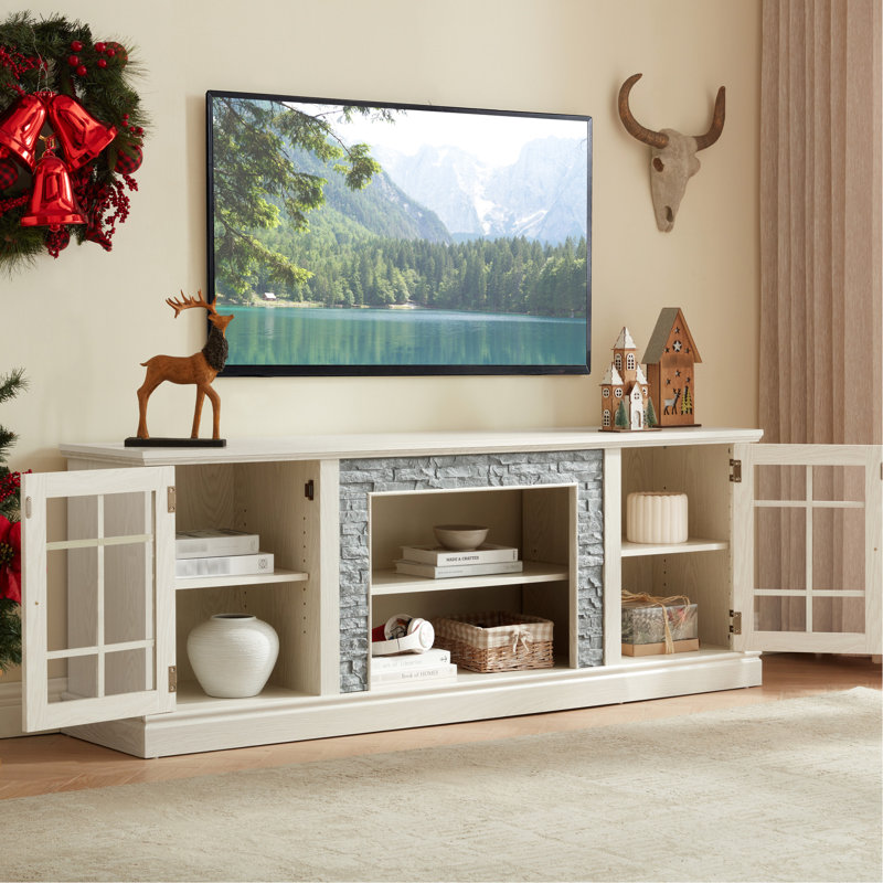 Meuble télé blanc avec bordure en faux pierre, 70 po de largeur, 2 portes de rangement, 75 po de compatibilité, 6 passe-câbles, 4 tablettes réglables de 70,75 po de long, capacité, ouvertures