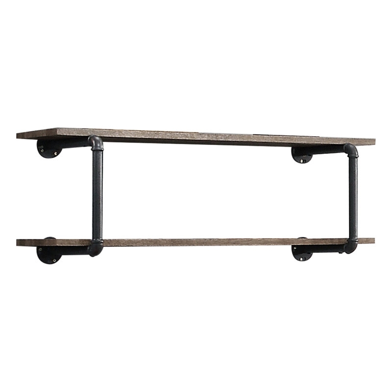 Space Wall Rack In Antique Oak & Sandy Gray - 2 Tier Shelves, Metal Tube, Mixed Material Style, Easy Installation, Versatile For Different Rooms Storage Unit 2 Shelf Items, Build, Aesthetic, Simple