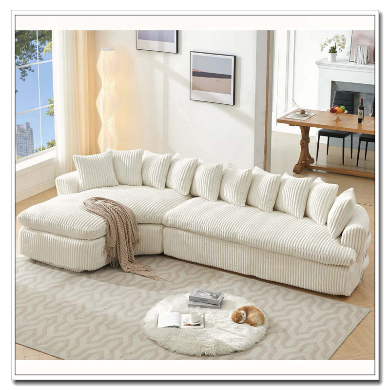 127'' Large Sectional Sofa, Beige Corduroy