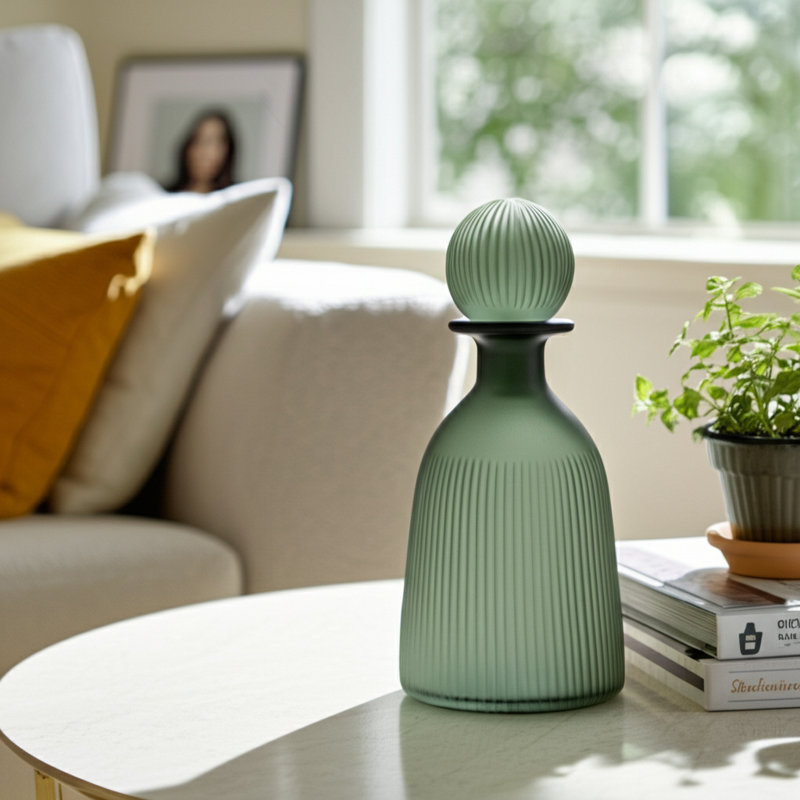 Glass Vase with Vertical Ribbed Detailing and Round Stopper Accent Aligned to Coastal Trend for Modern Decorative Display in Contemporary Interior Settings.