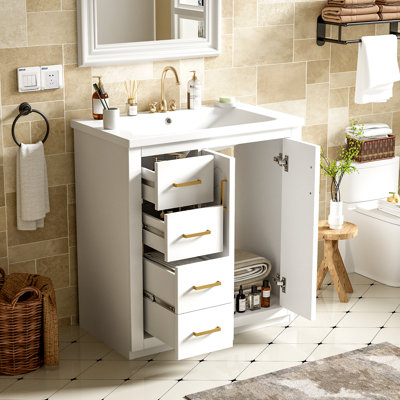 Ensemble de meuble-lavabo 30 po avec lavabo en céramique, armoire de rangement en bois massif, ensemble de meuble-lavabo autoportant avec 3 tiroirs et portes à fermeture douce