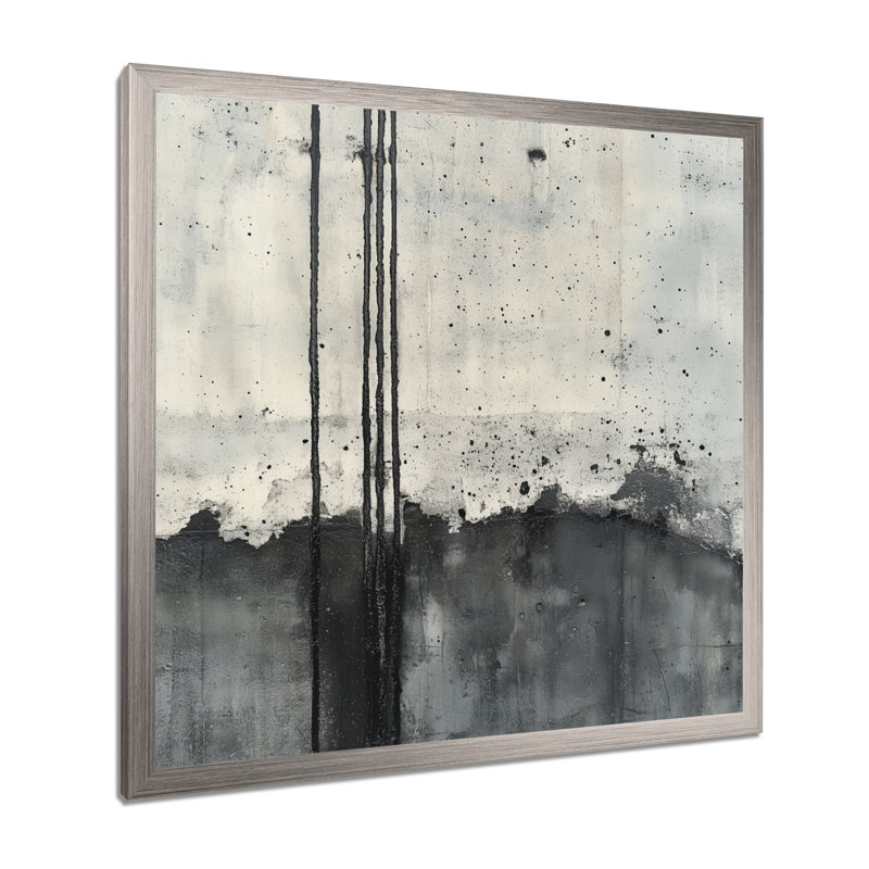 Tableau abstrait encadré en béton noir avec lignes de fer II, H 36 po x l 36 po, Cadre photo argenté