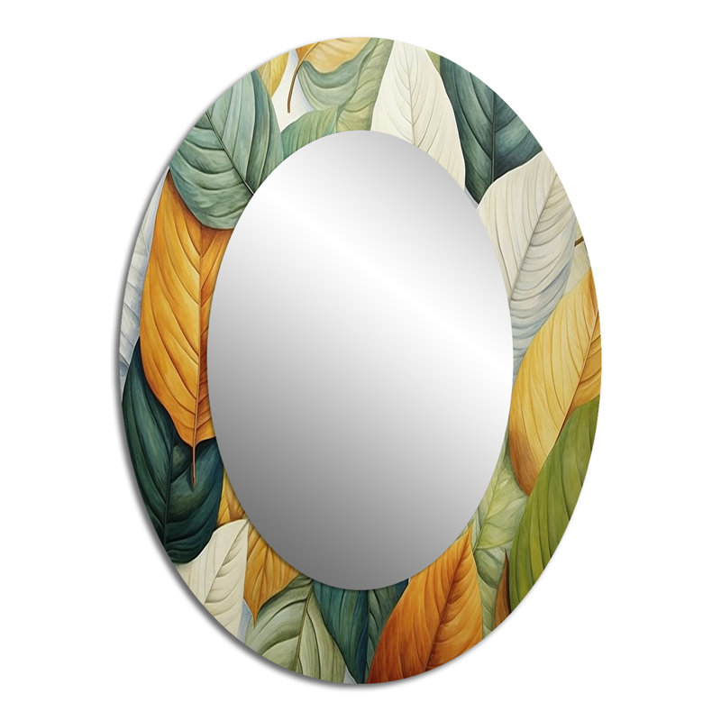 Miroir mural ovale vert et jaune avec feuilles tranquillité II, 40 po x 30 po