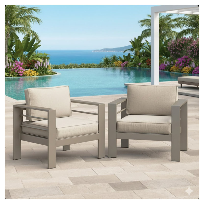 Ensemble de 2 fauteuils de patio en métal toutes saisons avec coussins épais en oléfine, kaki clair et beige