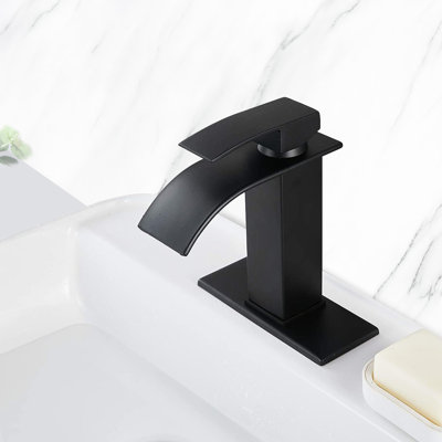 Waterfall Spout Single Handle Bathroom Faucet, Stainless Steel, Matte Black Stylish Outlook