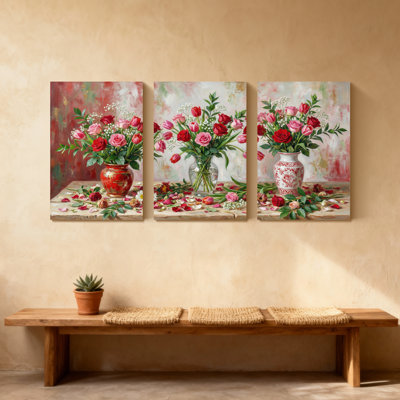 Plantes et fleurs, ensemble de 3 impressions murales sur toile avec roses et vases