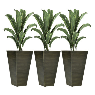Ensemble de 3 grandes jardinières d'extérieur avec drainage Outsunny, pots de fleurs en simili bois 28 po pour jardin et patio, brun foncé