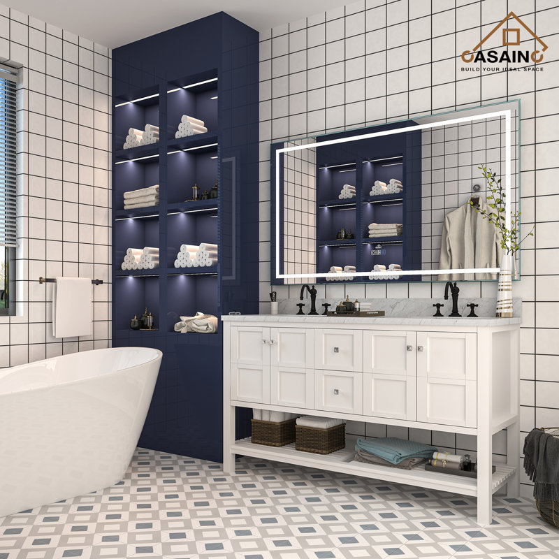 60 po X P 22 po P 35,4 po Meuble-lavabo double H blanc avec comptoir et miroir DEL, Blanc