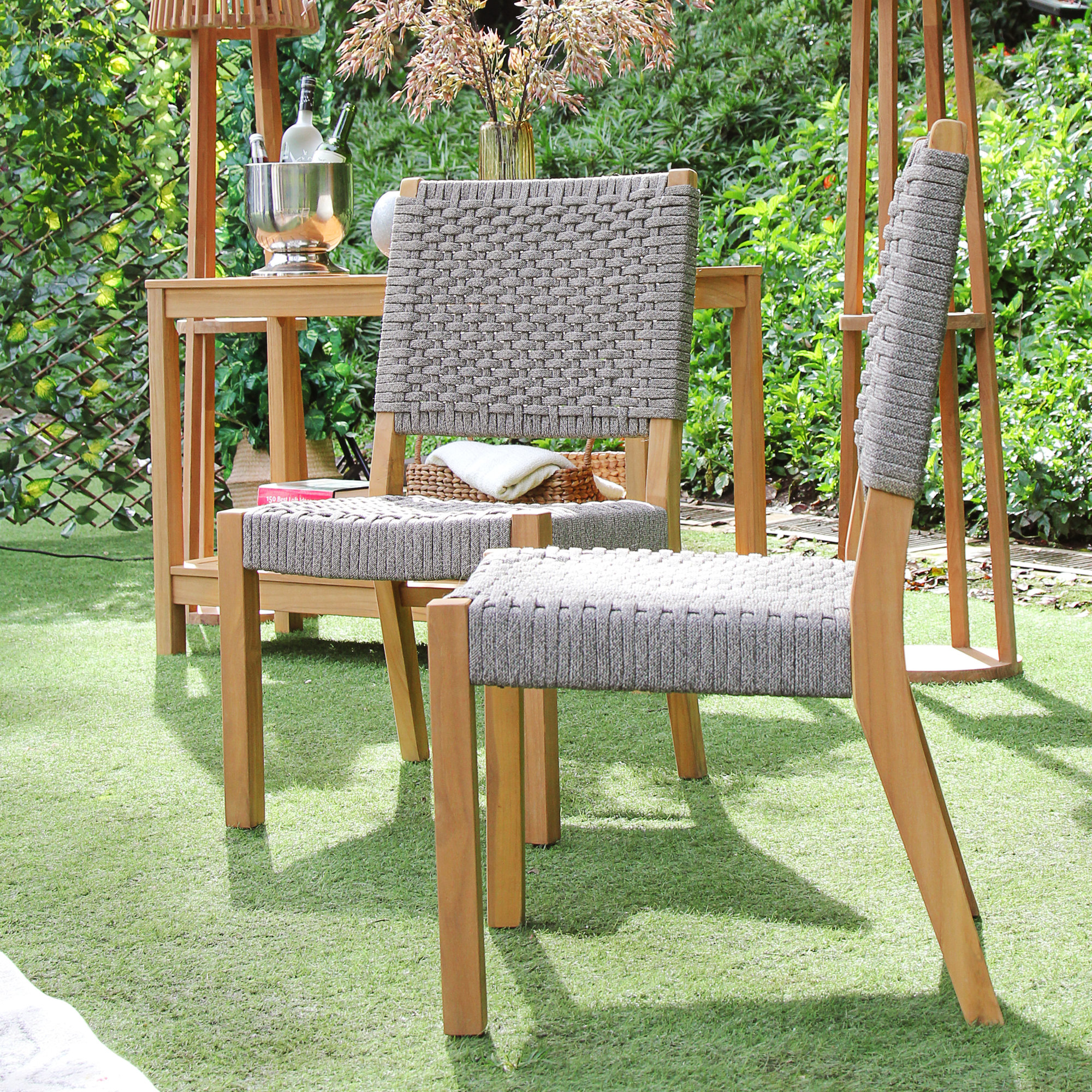 Seras Teak Wood Premium All-Weather Wicker Outdoor Dining Side Chair, Gray
