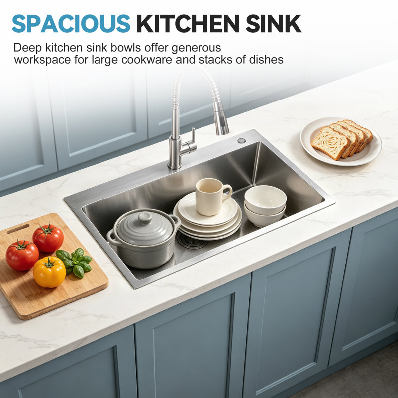 32"L × 19"W Drop-in Single Bowl Stainless Steel Kitchen Sink, Brushed Nickel