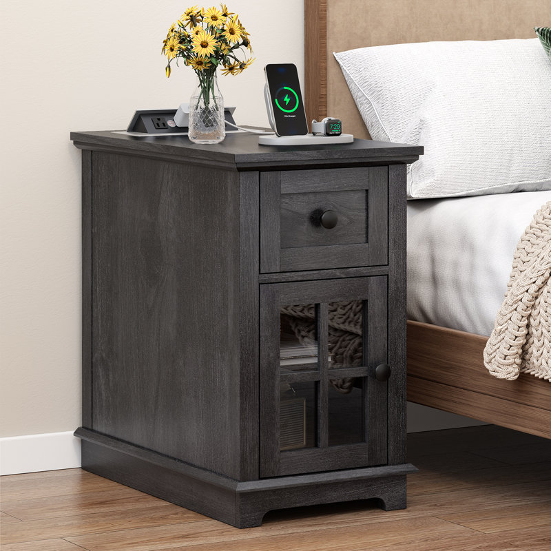 Binyameen 1 Drawer Nightstand for Bedroom with Storage and Built-in outlets, Black/Black